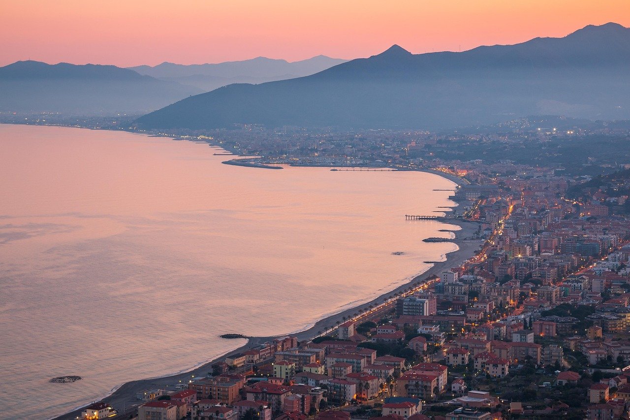 coast, sea, sunset, mountains, city, evening atmosphere, italy, liguria, nature, landscape