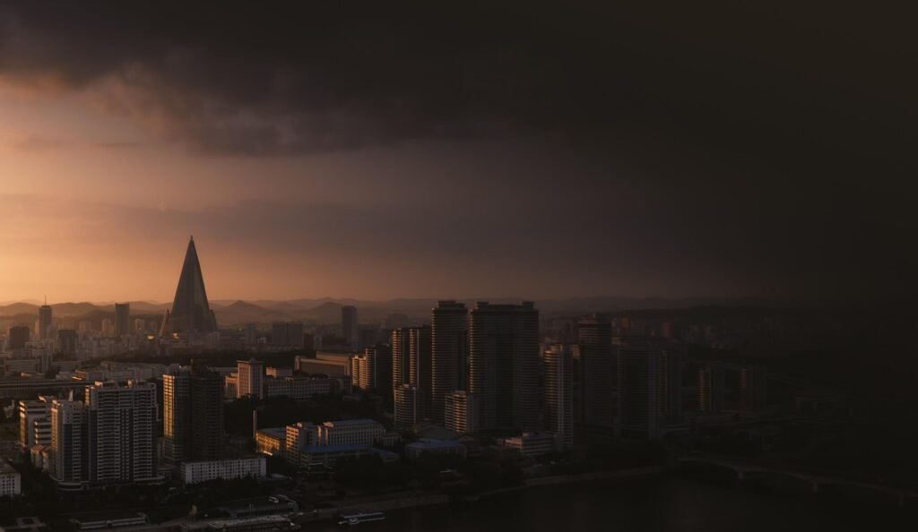 dragon palace hotel, building, nature, city, cityscape, skyline, city view, north korea, pyongyang, sunset