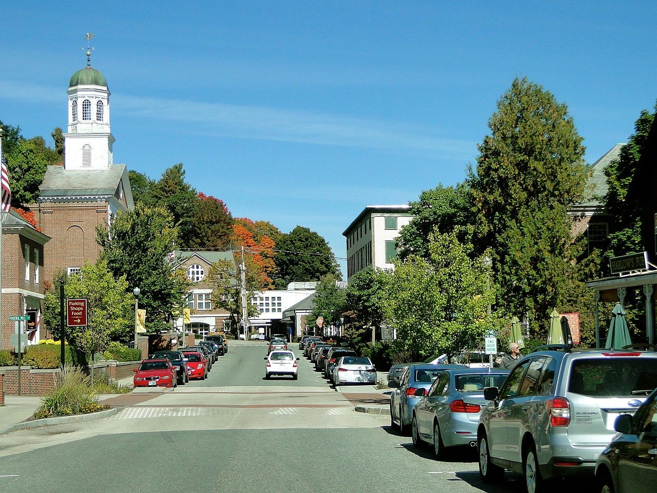 town, street, main street, quaint, new hampshire, new england, village, road, fall, sunny, daytime, picturesque, small town,