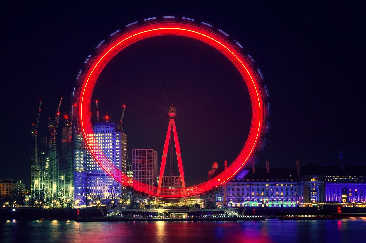 london eye, london, night, light, long time exposure, ferris wheel, england, landmark, united kingdom, tourism, architecture,