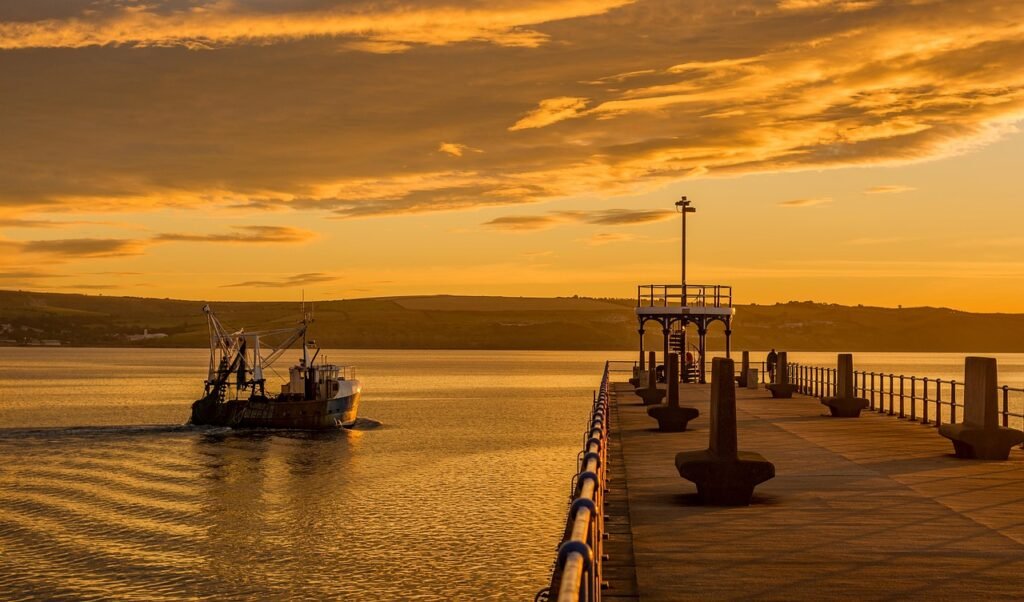 pier, boat, sea, sunset, ship, port, vessel, seascape, harbour, weymouth, coast, dorset, landscape, water, england, coastline