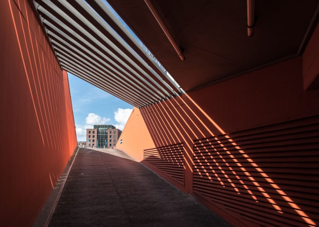 Stunning interplay of light and shadows in modern urban architecture, Hamburg.