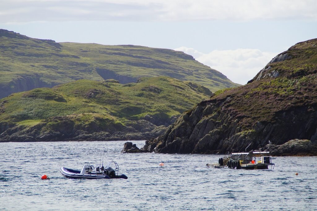 boats, handa island, handa, scotland, crossing, united kingdom, sea, ocean, coast, waters, nature, rock, cliff, green, water,