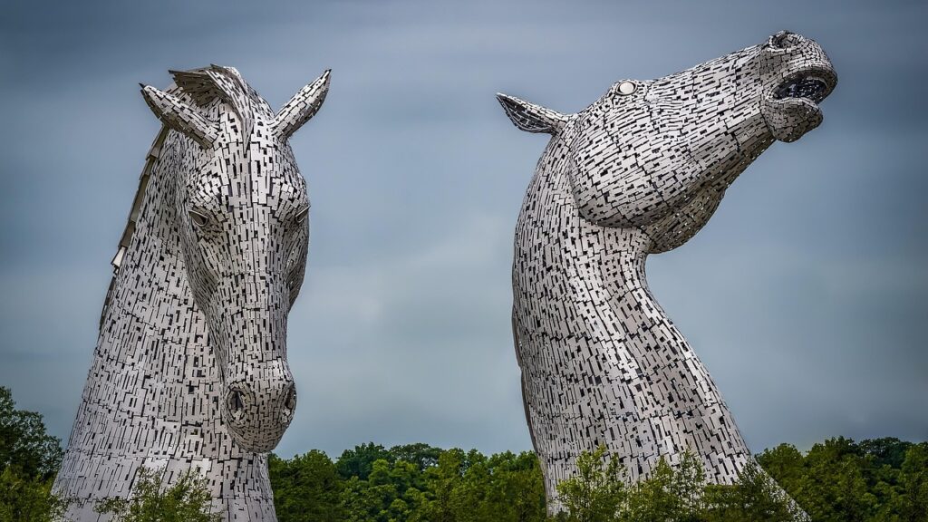 kelpies, sculptures, scotland, horses, falkirk, horse-head-sculptures, stole, andy scott, horse head, mythical, helix, mythol