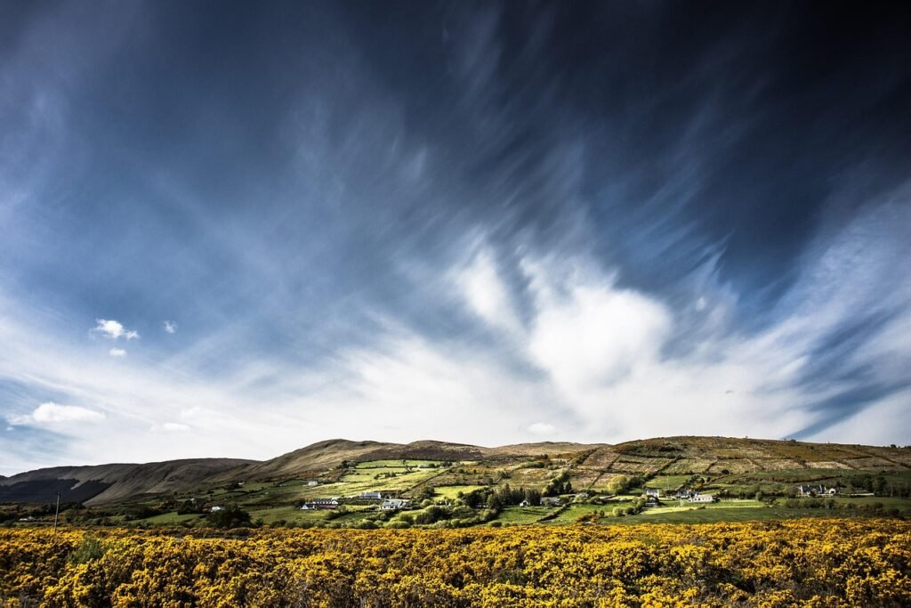 tourmakeady, ireland, nature, landscape, broom, heaven, clouds, cloudy, dramatic, cirrus