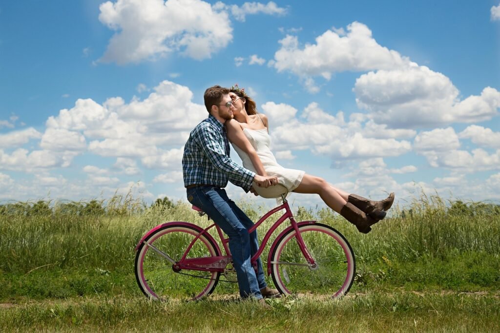 happy valentines day, couple, romance, bike, bicycle, meadow, field, happy, romantic, kiss, affection, together, lovers, man,