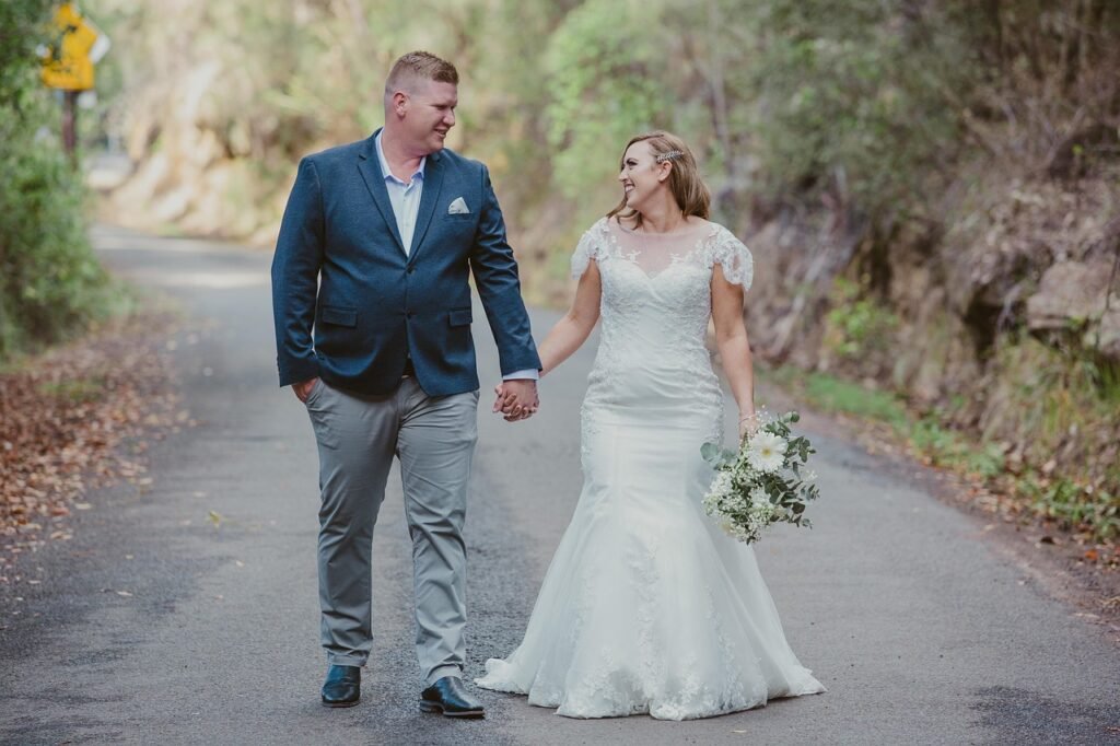wedding, couple, walking, romantic, romance, outdoors