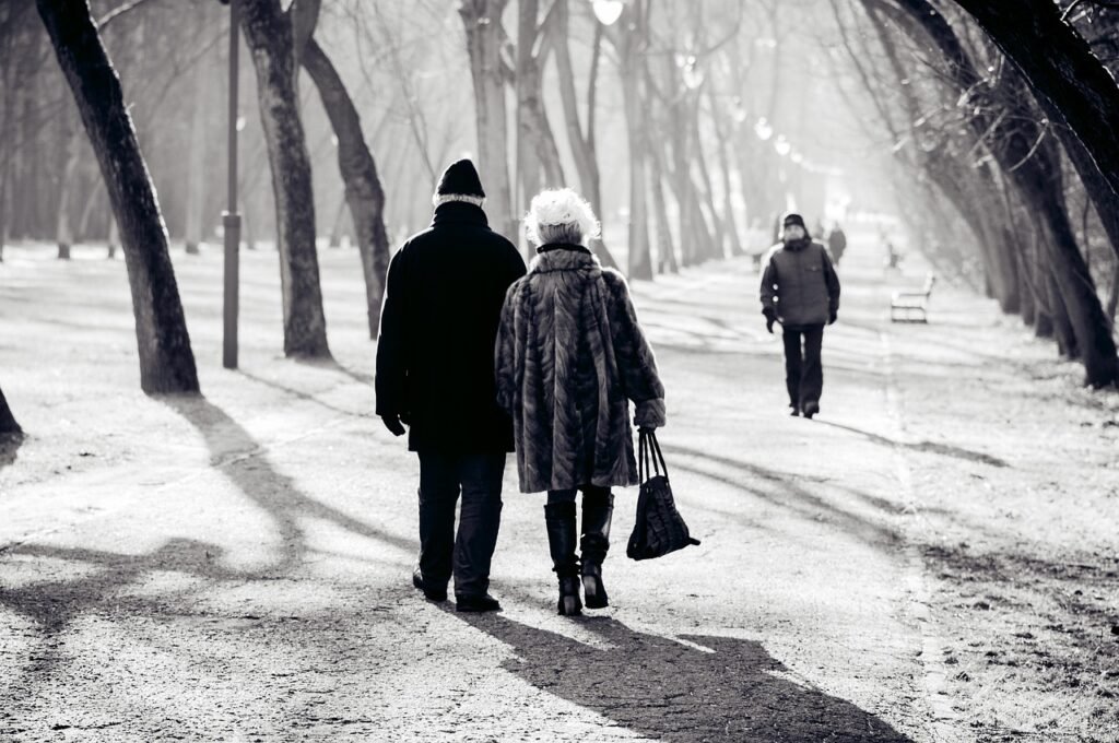 walk, couple, couple walking, woman, man, outdoors, together, walking, romantic, senior, happiness, loving, nature, holding,