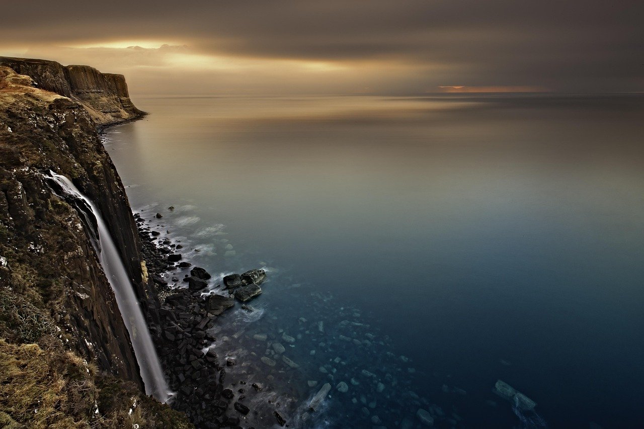 cliff, waterfall, scotland, isle of skye, landscape, sea, seascape, horizon, nature, mood, idyllic, distant view, water, clou