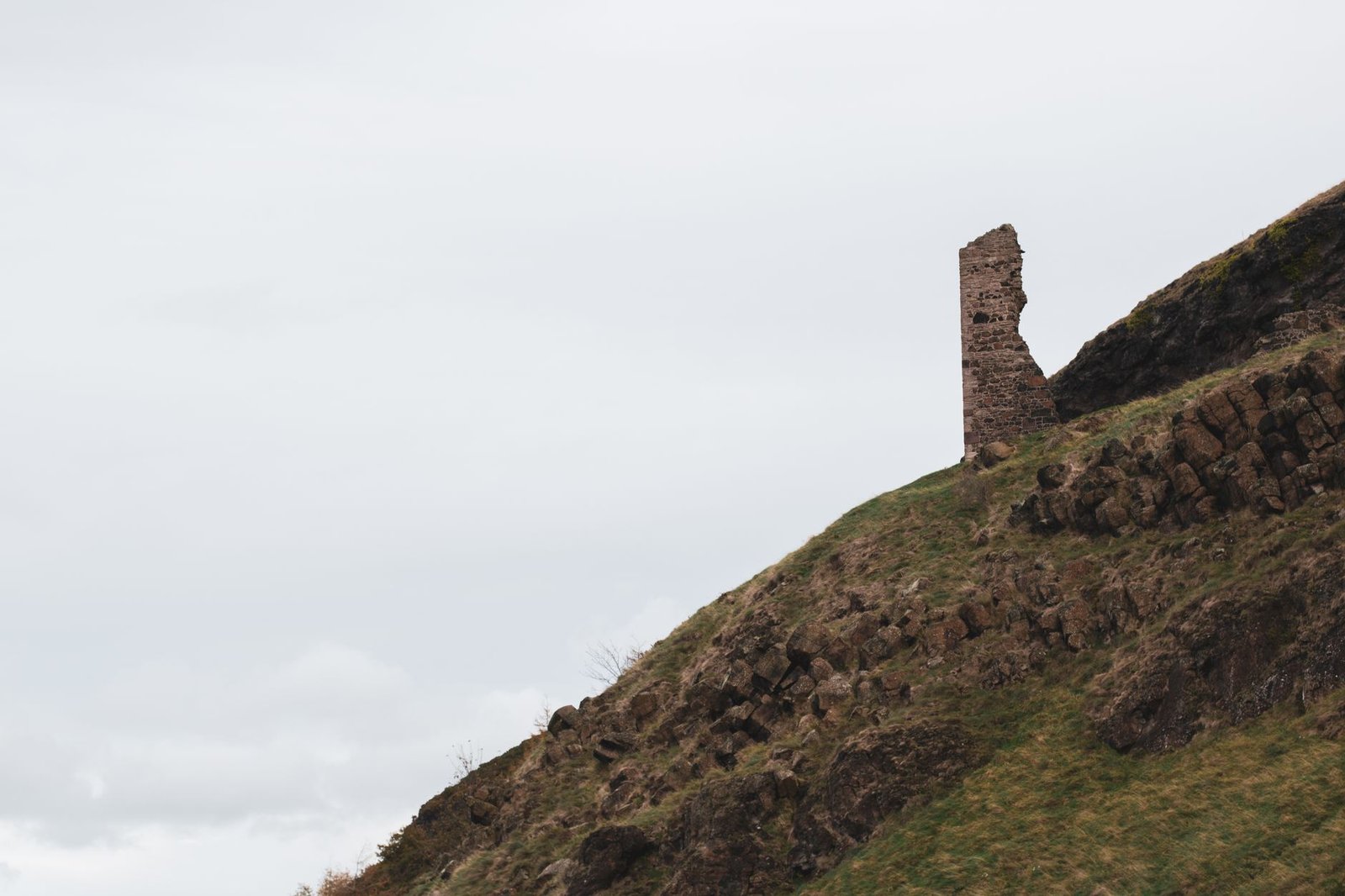 Scenic view of ancient ruins perched on a grassy hill in Edinburgh, Scotland.