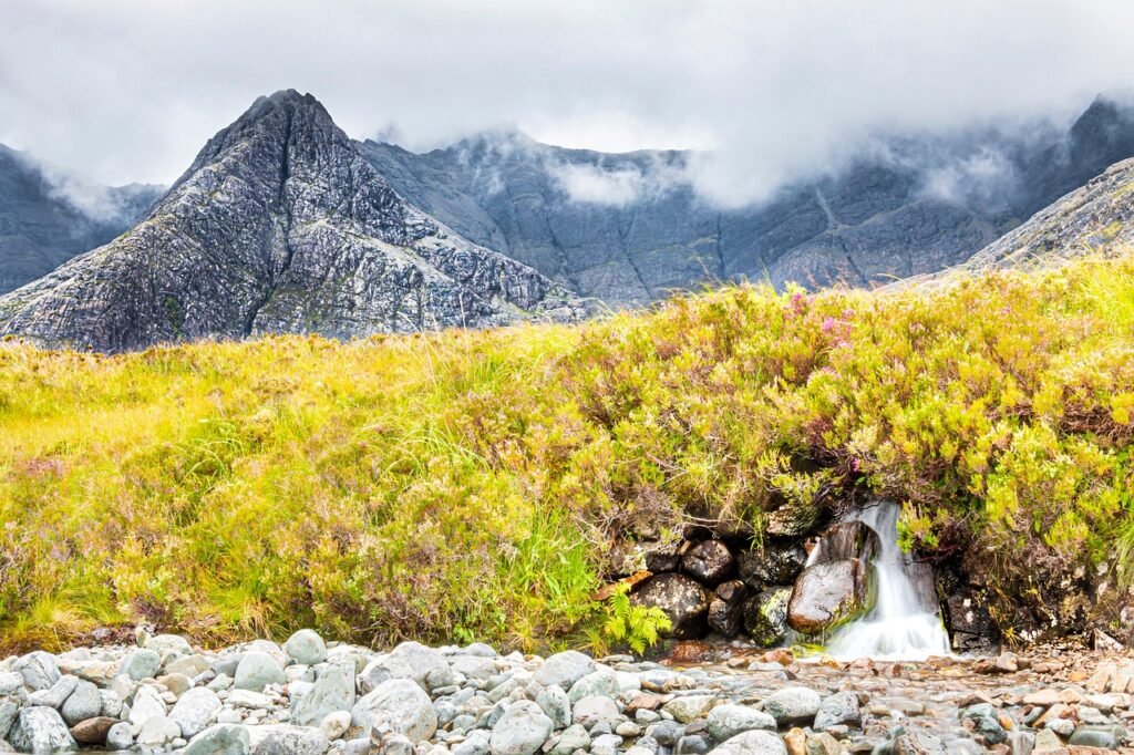 mountains, shrubs, waterfall, stream, cascades, water, hills, cloudy, rocks, stones, mountain range, landscape, nature, long