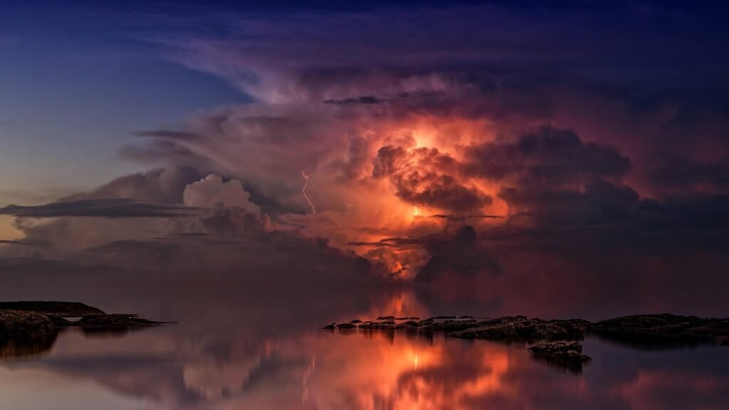thunderstorm, ocean, lightning, twilight, clouds, coast, sky, nature, storm, weather, atmosphere, landscape, lightning, cloud