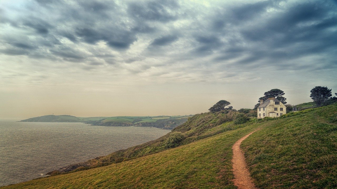 coast, cornwall, sea, path, meadow, england, house, clouds, storm, landscape, nature, ocean, horizon, united kingdom, heaven,