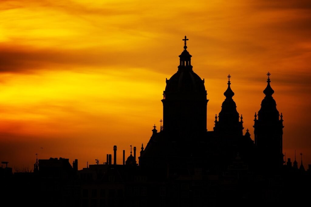 silhouette, architecture, church, cathedral, building, tower, city, dusk, nature, sunset, amsterdam, netherlands