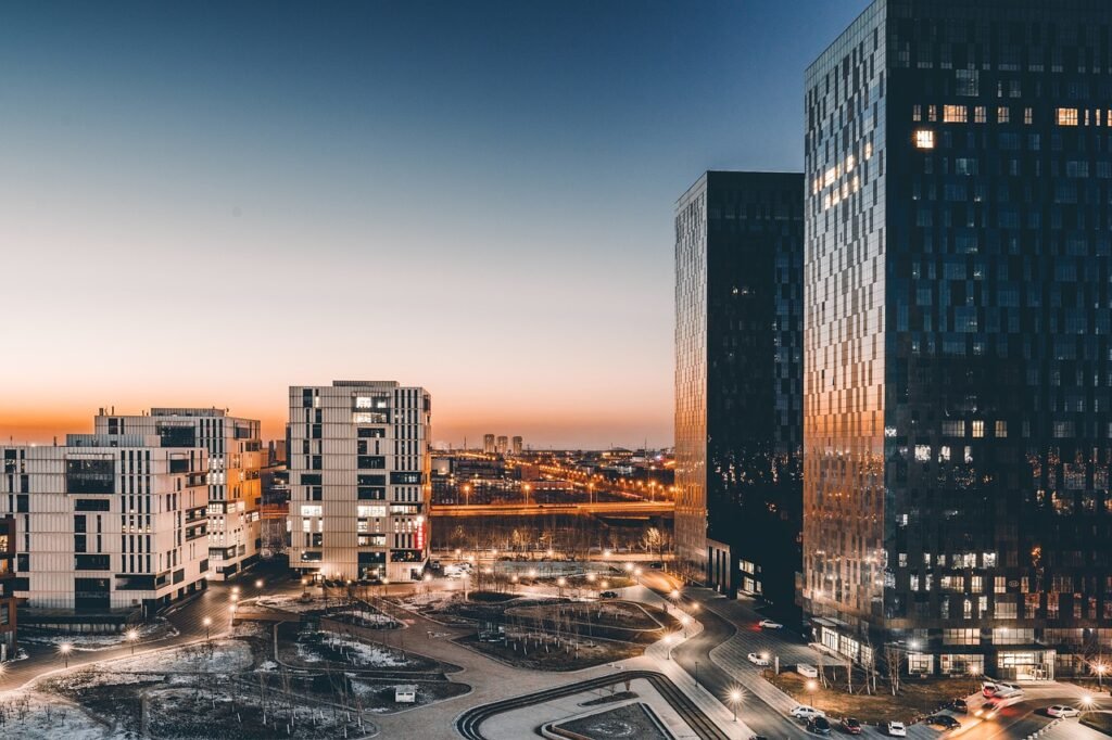 building, skyscrapers, nature, city, twilight, sunset, the scenery, horizon
