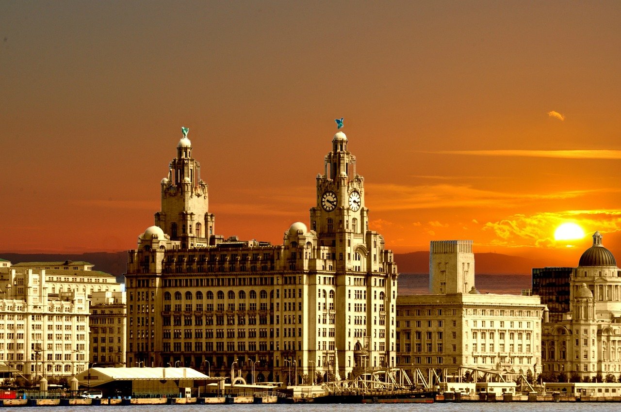 three graces, liverpool, england, sunset, liver buildings, cunard buildings, nature, port of liverpool buildings, river merse