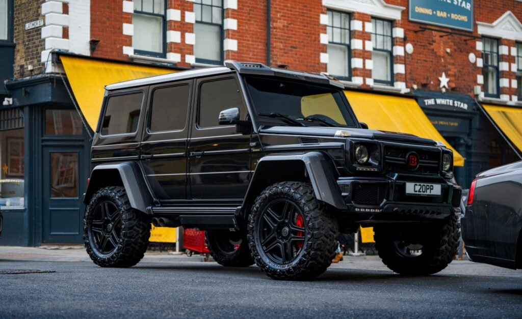 Stylish black SUV parked in urban street of Southampton, England highlighting automotive luxury.