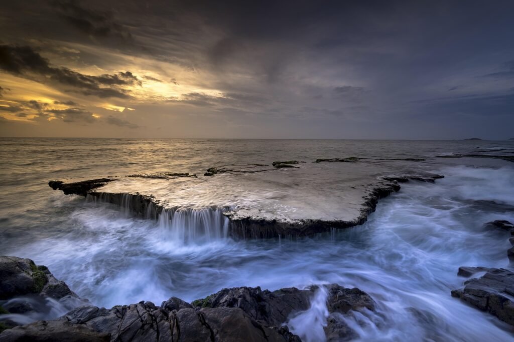 sea, nature, tide, reef, ocean, evening, twilight