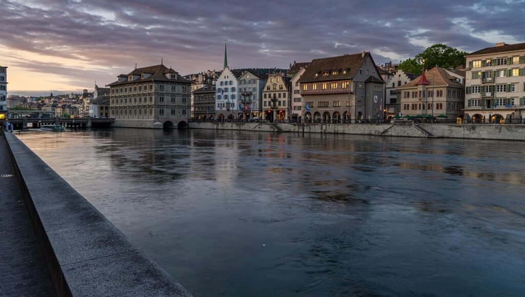 river, building, city, historic center, switzerland, architecture, sky, church, places of interest, water, summer, historical