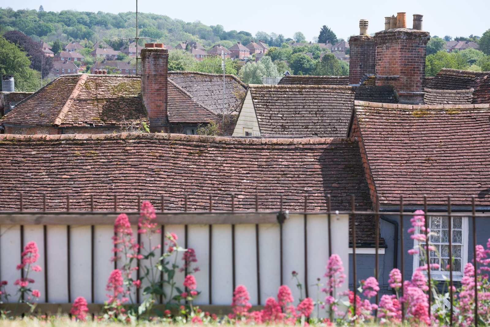 Scenic view of rustic rooftops in Marlborough, England, adorned with vibrant spring flowers.