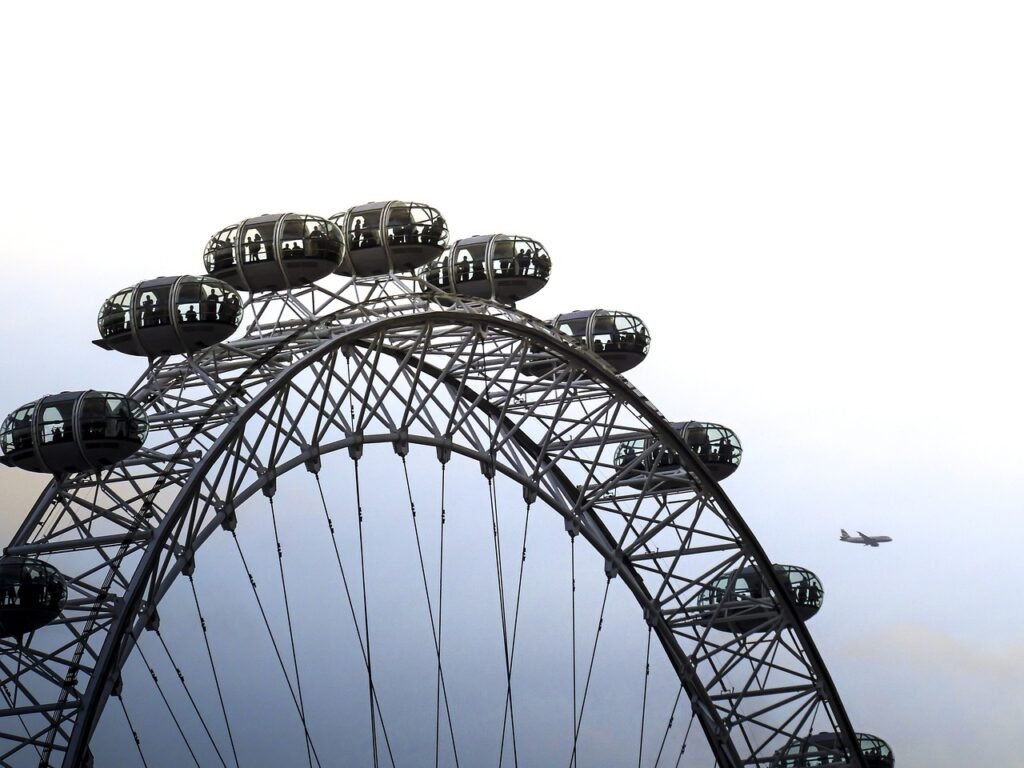 london, london eye, skyline, england, city, united kingdom, ferris wheel, landmark, heaven, plane, outlook, london, london ey