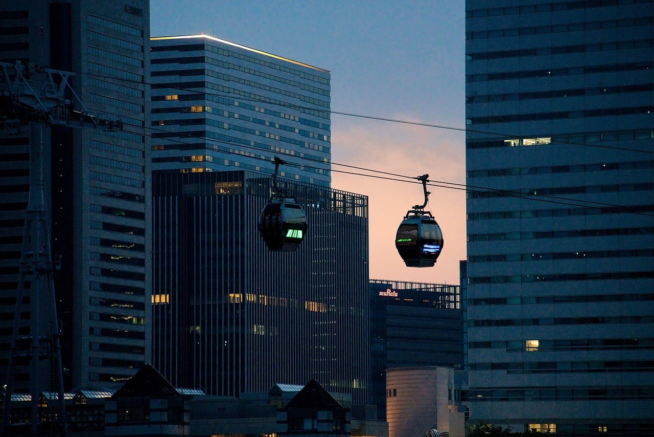 yokohama, japan, city, skyscraper, sunset glow, cable car, blues
