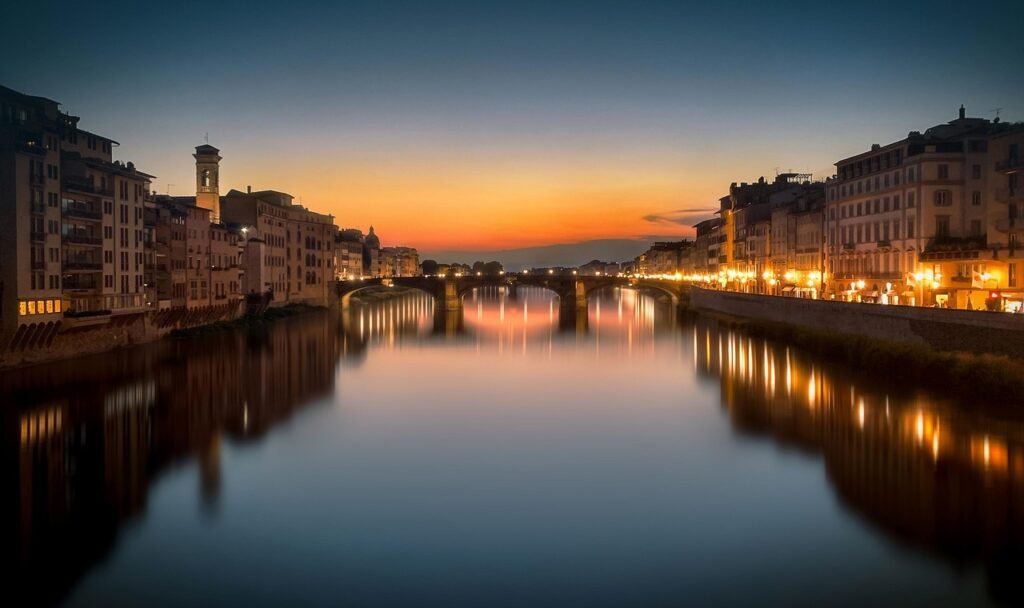italy, nature, river, bridge, florence, tuscany, reflection, sunset, art, city, urban, night