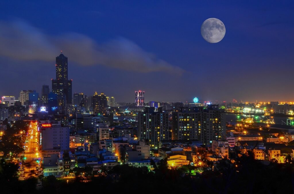 city view, kaohsiung city, taiwan, moon, city, night view, building, blue sky, taiwan, taiwan, taiwan, taiwan, taiwan