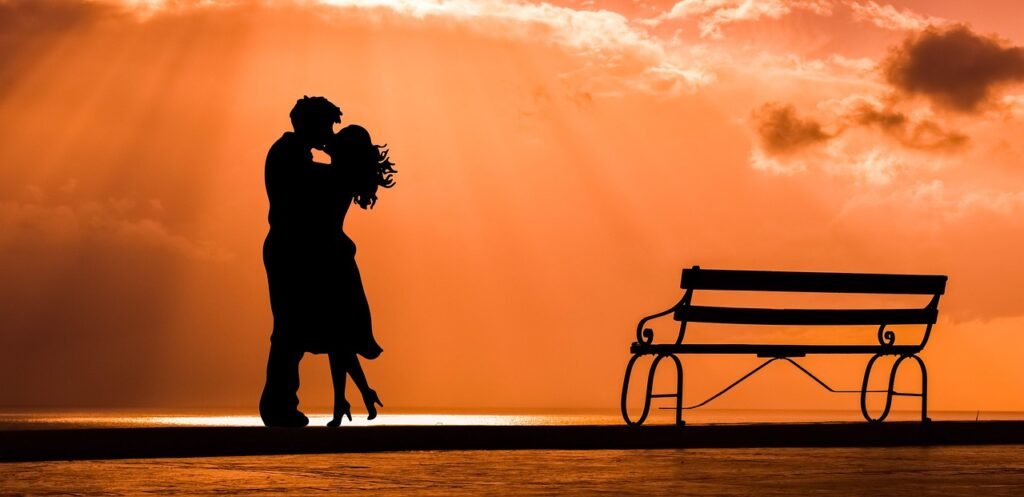 couple, romance, love, kiss, lovers, bench, sunset, dusk, nature, sky, silhouettes, orange nature, orange love, orange sky, o