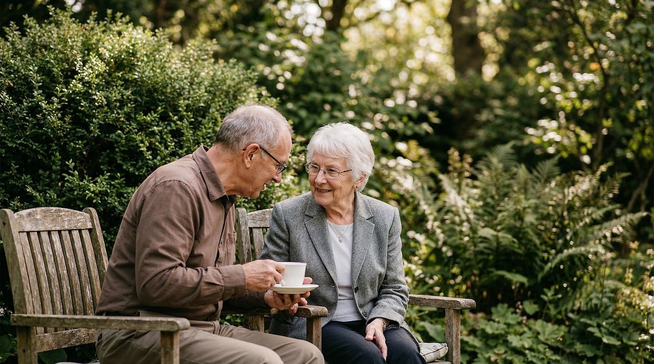elderly, couple, garden, conversation, outdoors, companionship, retirement, peaceful, teacup, sitting, nature, leisure, senio
