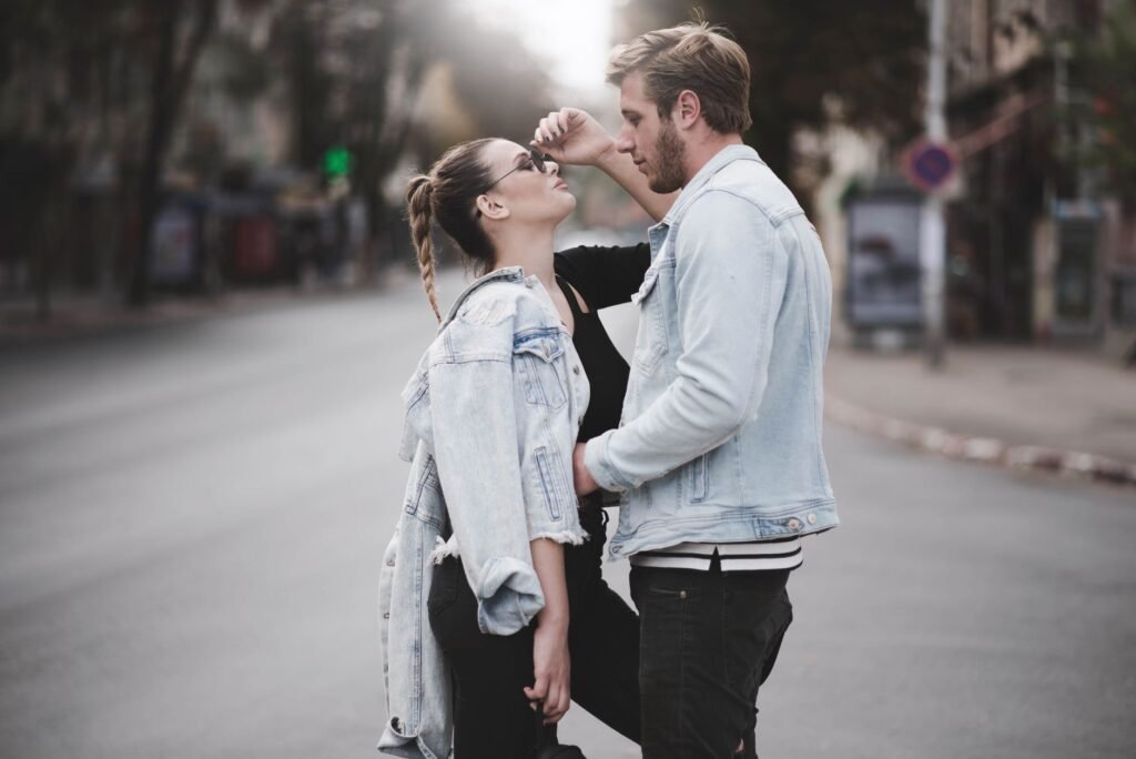 Romantic young couple embracing on a city street in Skopje, Macedonia.