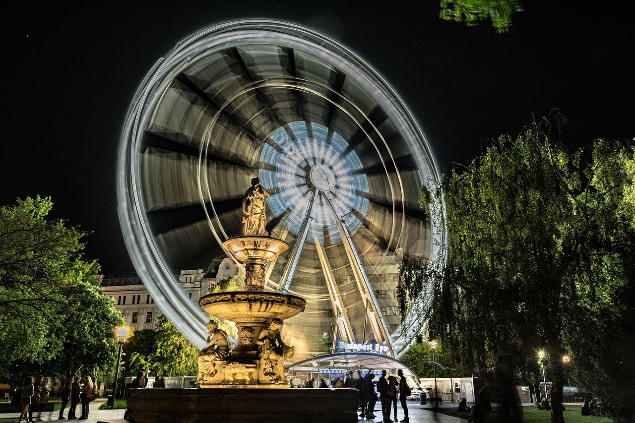 ferris wheel, night life, urban, architecture, outdoors, city, budapest, hungary, downtown, budapest, budapest, budapest, bud