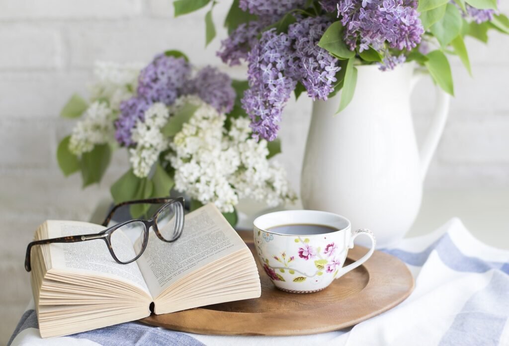 coffee, book, flowers, setting, romantic, rustic, flower background, teacup, flower wallpaper, vintage, home, reading, lifest