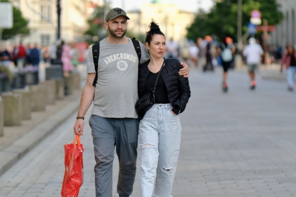 couple, young, casual, walking, together, street, urban, people, lifestyle