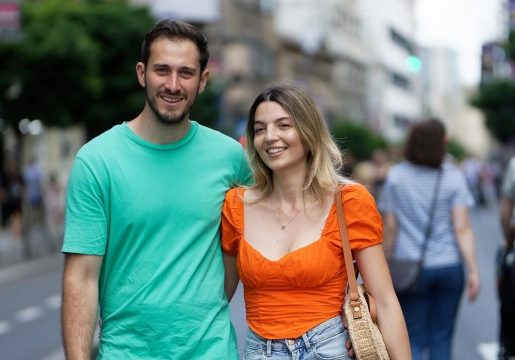 people, couple, happy, young, lovers, portrait, man, woman, smile, walking, street, urban