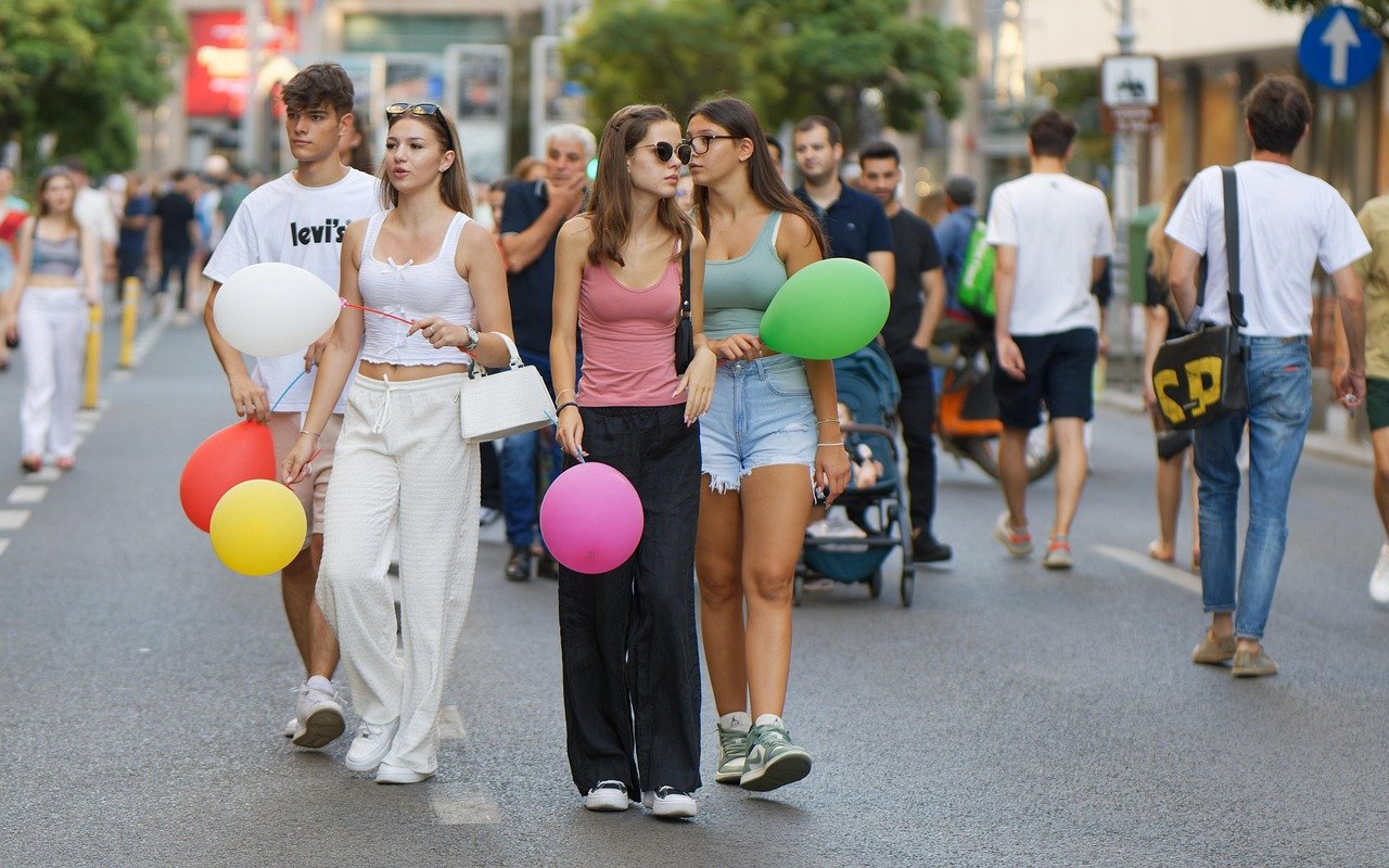 people, walking, promenade, balloons, street, urban, lifestyle, city