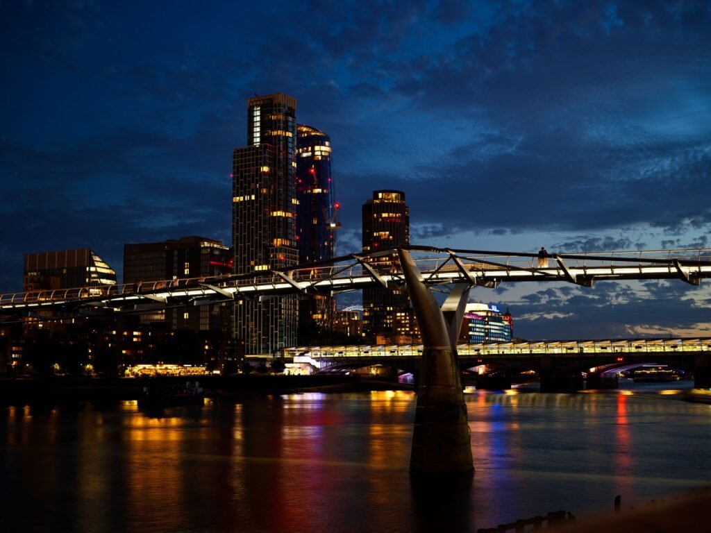Twilight view of London's Millennium Bridge and skyline reflected on the Thames at night.