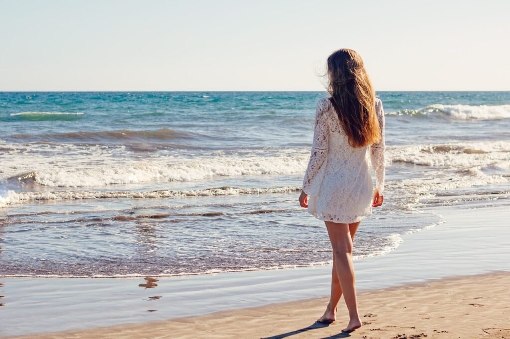 young woman, beach, dress, white dress, walking, shore, seashore, brunette, woman, sea, ocean, wedding, nature, bride, summer