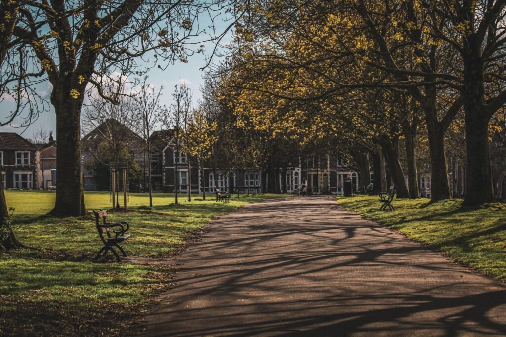 A picturesque pathway through an English park lined with trees and benches, leading to houses in early spring.