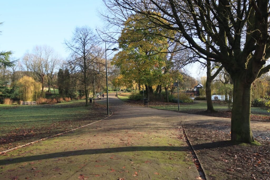 A serene pathway lined with trees in an English park during autumn, showcasing nature's beauty.