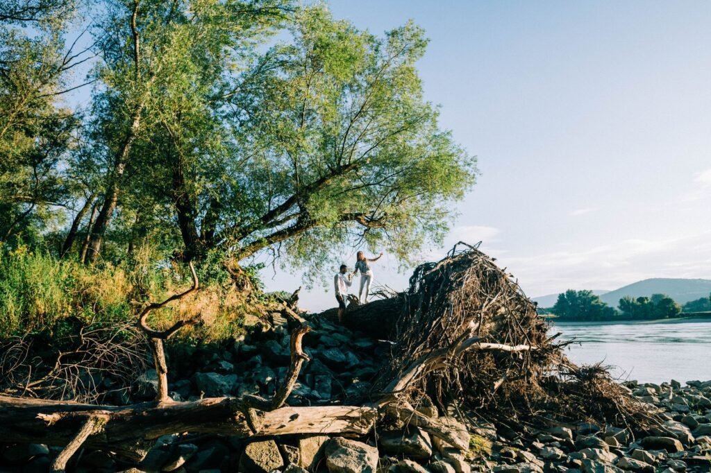 A couple exploring a scenic riverbank surrounded by lush trees on a sunny day.