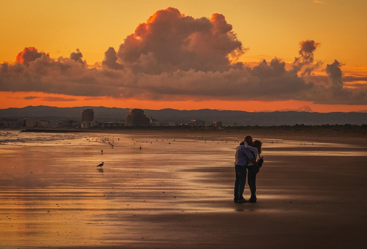 couple, lovers, nature, beach, sunset, love, horizon, kiss