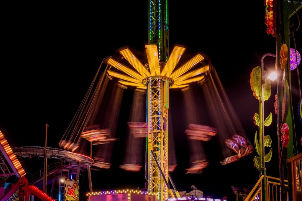 theme park, theme park ride, night lights, evening, amusement park, amusement park ride, theme park, theme park, theme park,