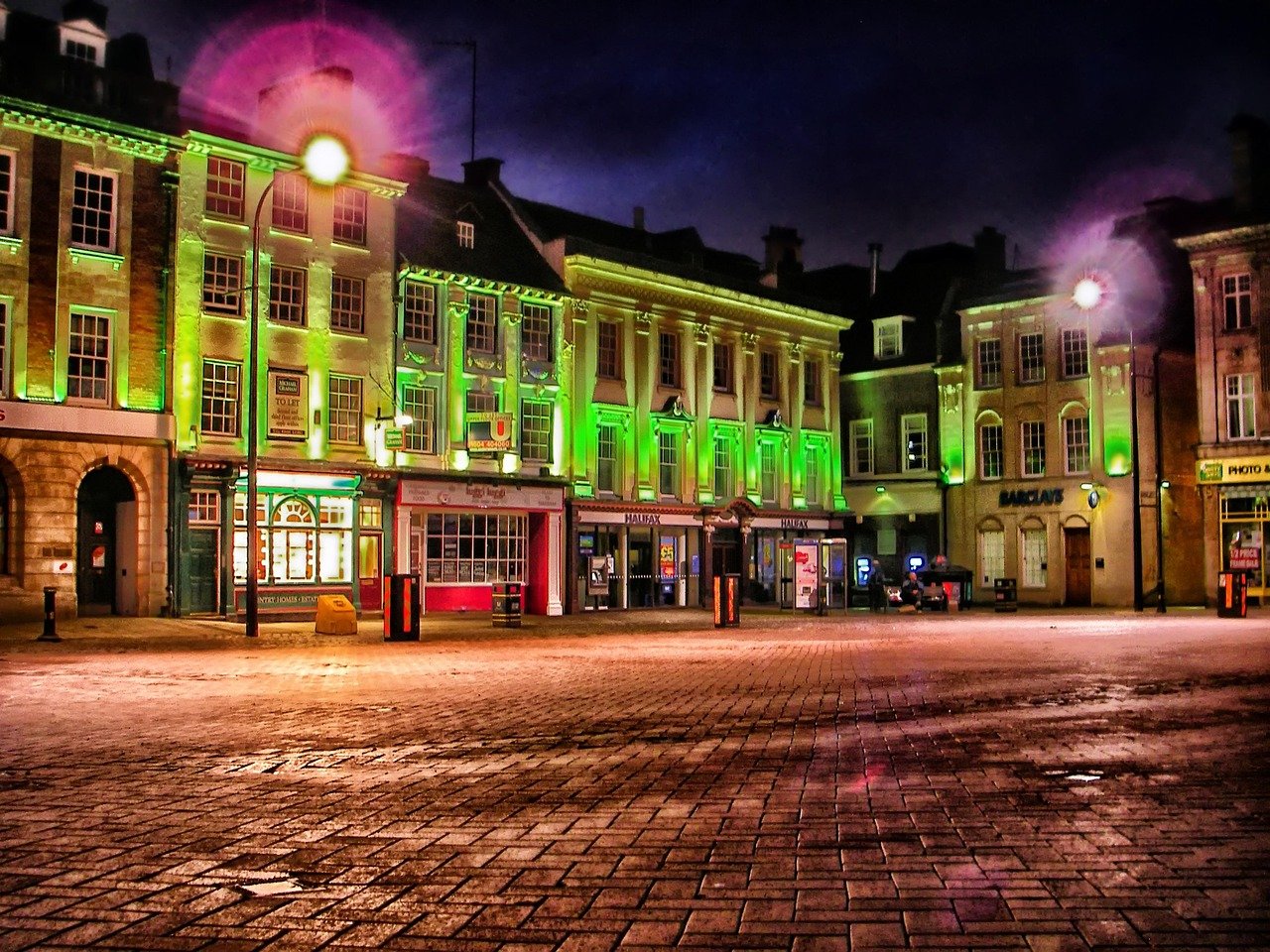 northampton, england, town, market square, hdr, night, evening, lighting, lights, plaza, buildings, urban, architecture, brow