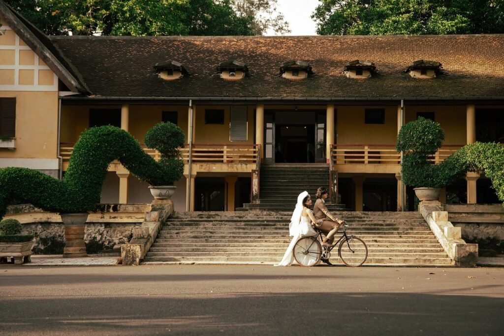 wedding, bride, couple, love, groom, romantic, bike, traditional, old house