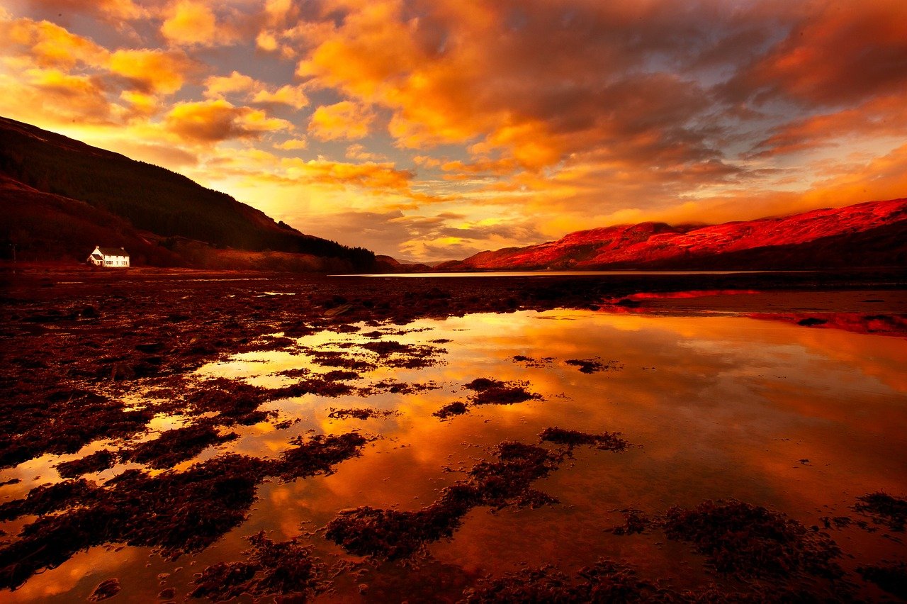 sunset, dramatic sky, reflection, lake, scotland, uk, nature, united kingdom, white cottage, rahoy estate, orange, golden, gl