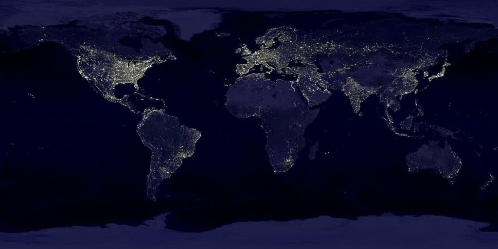 earth, continents, land, satellite map, night
