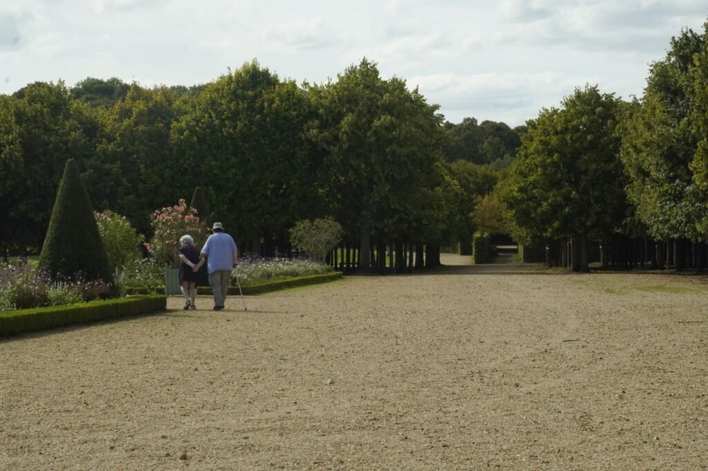 An elderly couple holding hands walking down a peaceful garden path, surrounded by lush greenery.