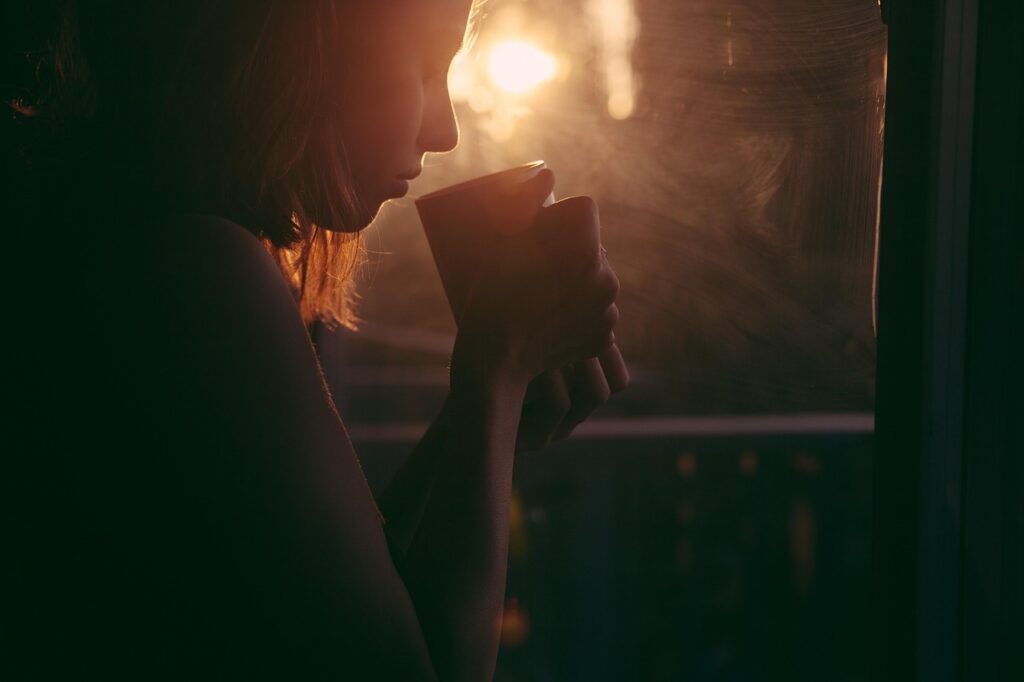 girl, drinking, tea, coffee cup, nature, sunset, sad woman, young, woman, sipping