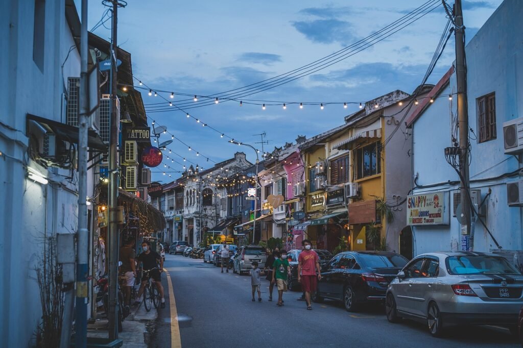 sunset, street, town, nature, people, walk, walking, night